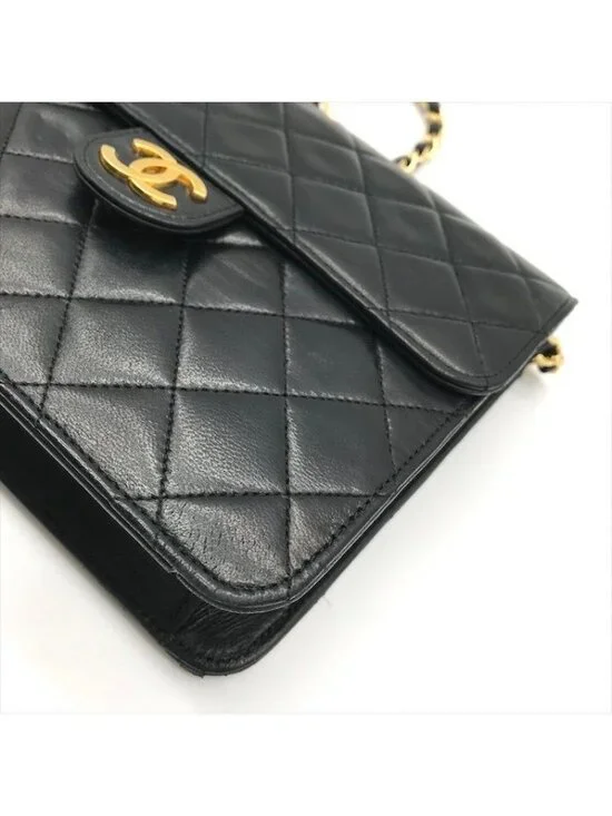 Chanel Quilted CC Logo Push Lock Lamb Leather Chain Shoulder Bag Black Purse - Picture 4 of 10